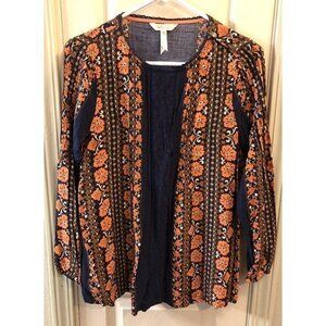 Matilda Jane Womens Blue Orange Floral Boho Lace Long Sleeve Blouse Size Small